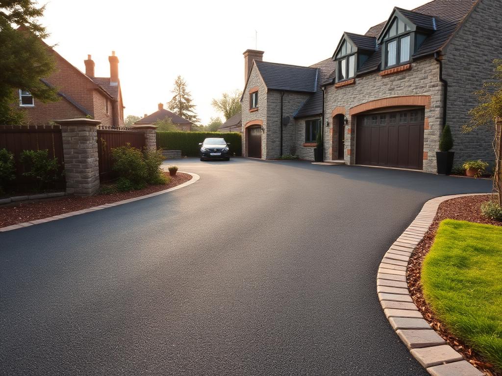 Completed tarmac driveway with a block paved border at a Somerset house