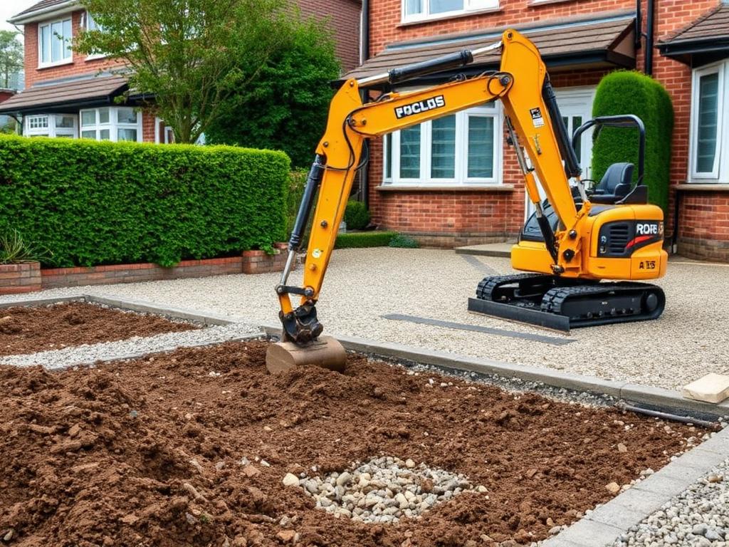 Mini excavator digging a driveway out to formation before the sub-base goes in