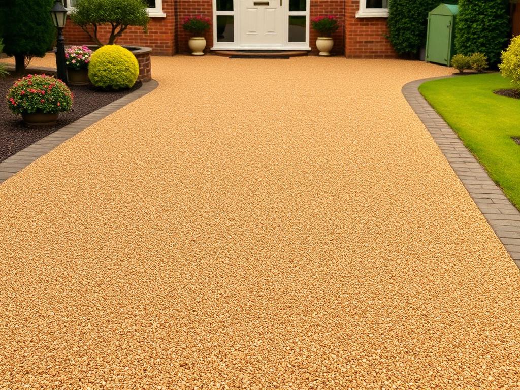 Seamless resin bound aggregate driveway leading to a front door