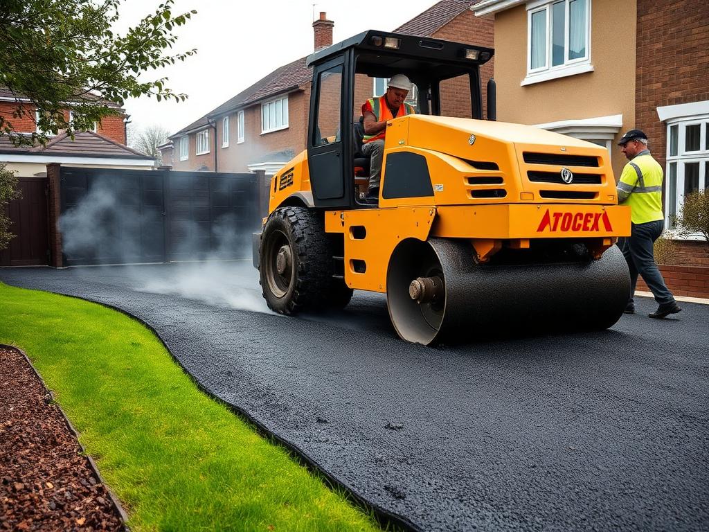 Roller compacting hot tarmac on a residential driveway